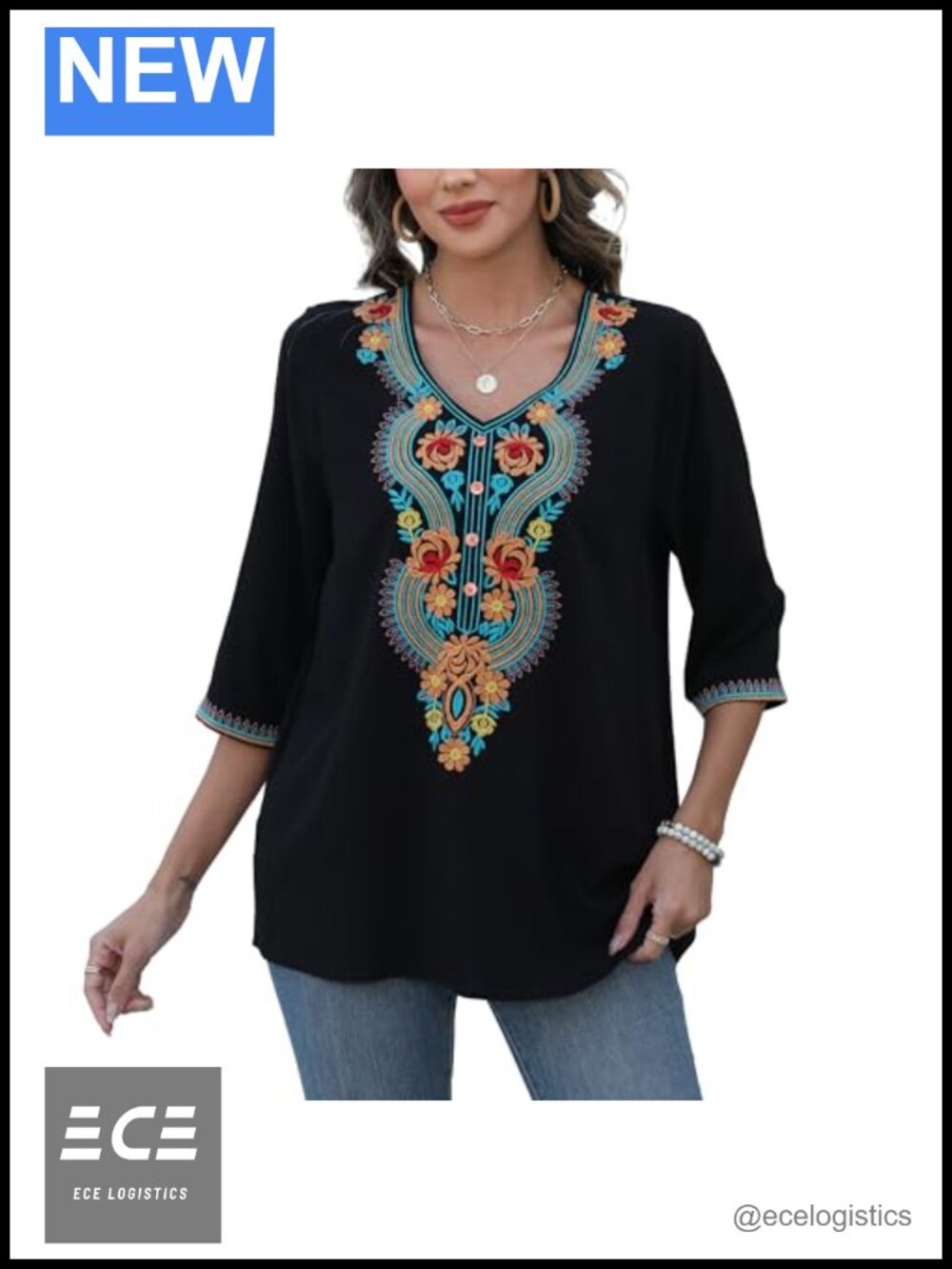 Boho Embroidered Peasant Top V Neck 3/4 Sleeve Floral Tunic Blouse